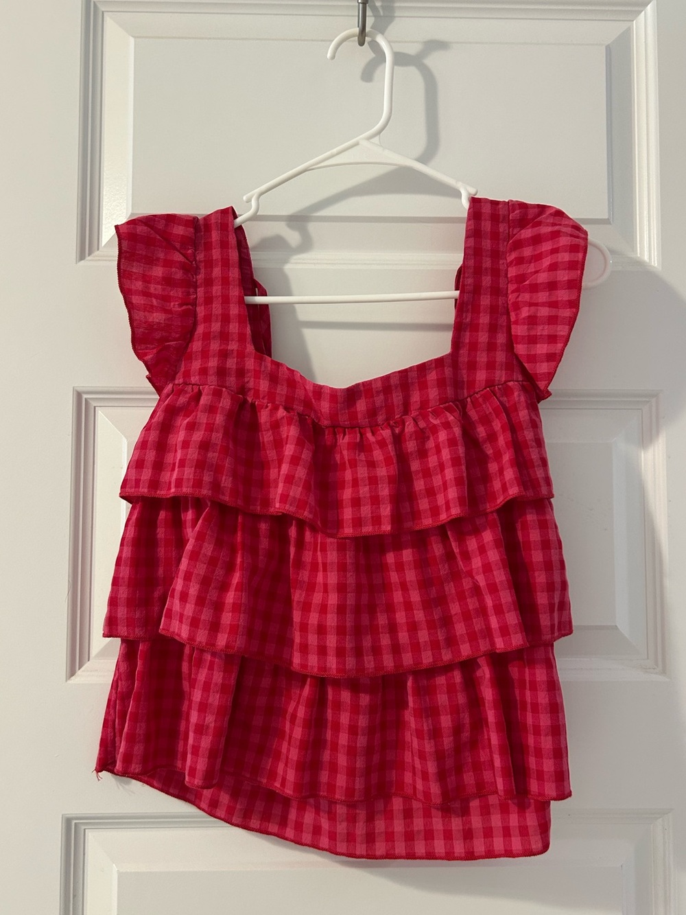 Bright Pink Gingham Tiered Ruffle Women's Tank Top
